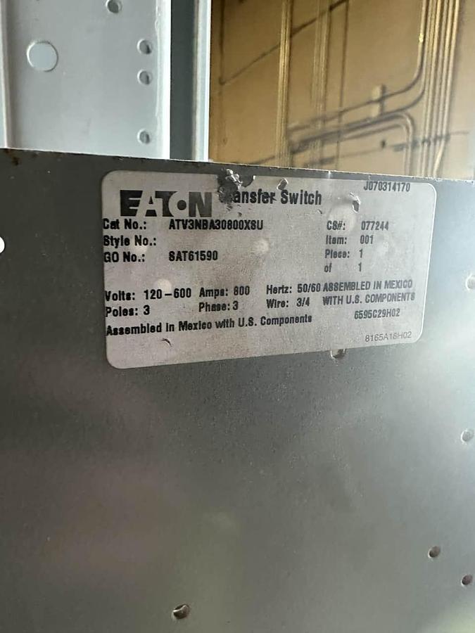 Used Eaton 800 Amp 450 Volt NEMA3R ATS Switch