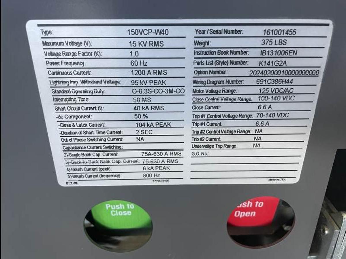 Used Eaton Corp 2016 Circuit Breaker 150VCP-W40