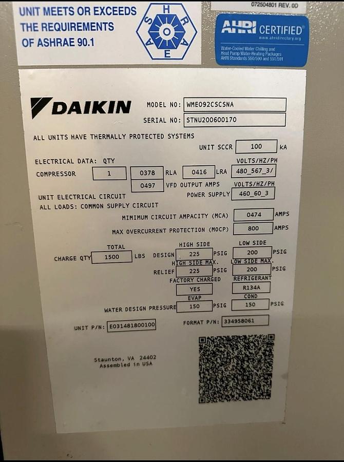 Used 2020 DAIKIN WME92CSCSNA