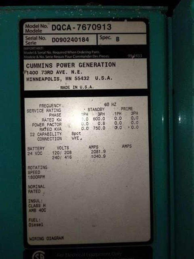 Used 2009 Cummins DQCA 600kW