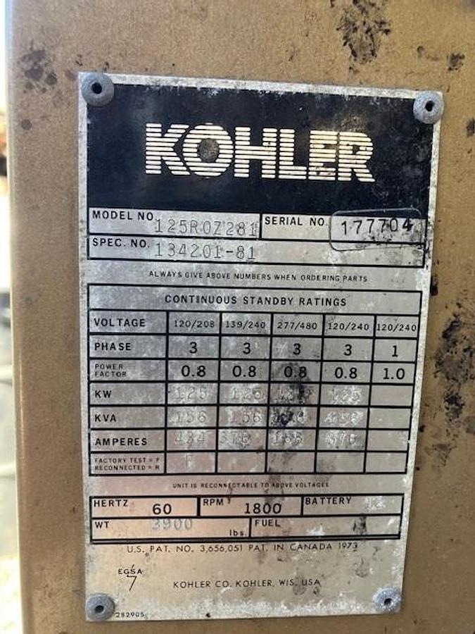 Used Kohler 125kW Generator