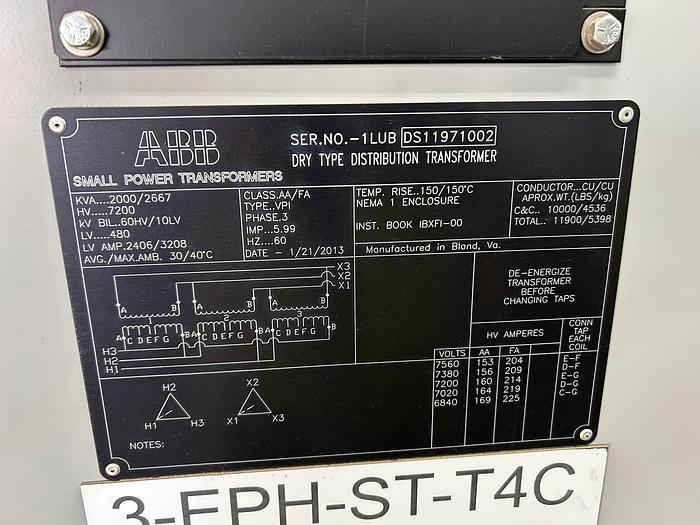 Used 2013 ABB 2150kva LV 480 / HV 7200 Delta