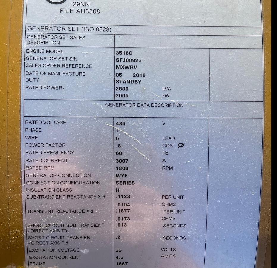 Used 2016 Caterpillar 3516 Generator 2000kW Low Hours