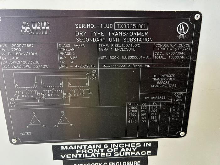 Used 2013 ABB 2150kva LV 480 / HV 7200 Delta