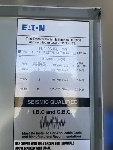 Eaton 2000 Amp Manual Transfer Switch