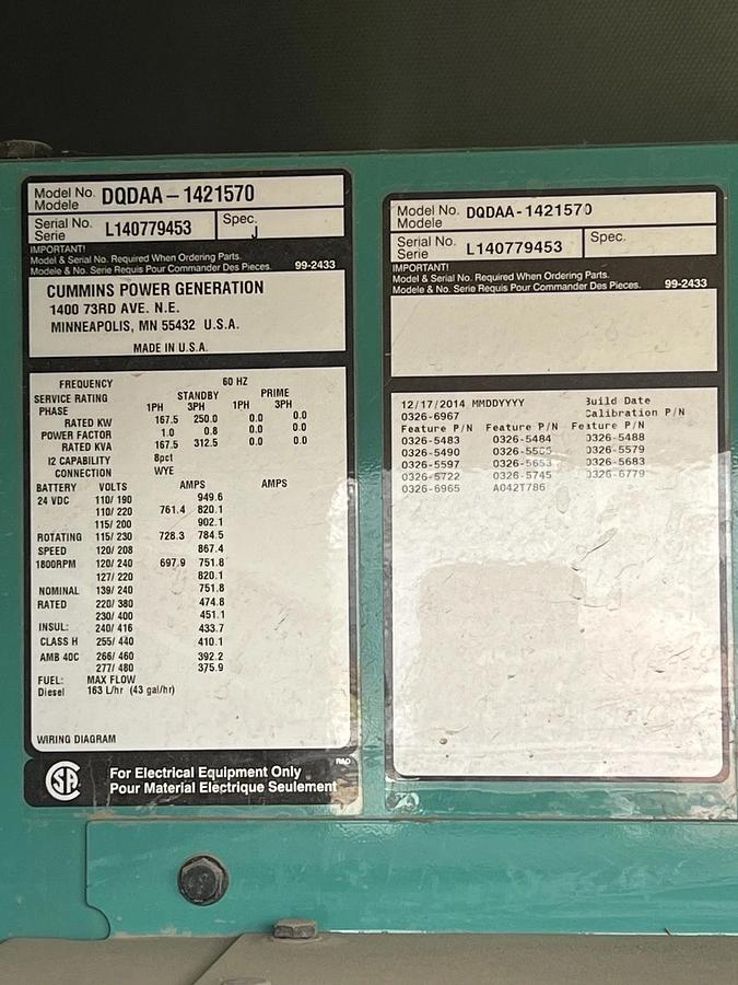 Used Cummins 250kw Diesel Generator Tier 3