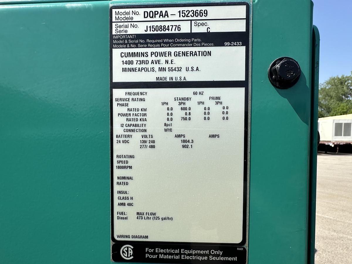 Used 2015 Cummins Generator 600kW