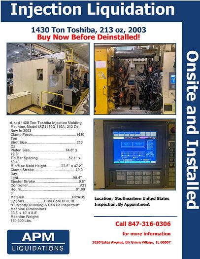 Used 2003 1430 ton Toshiba Injection Molder Liquidation