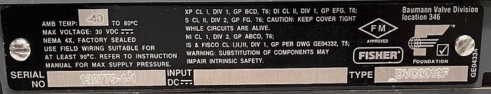 Used Fisher / Baumann 32-84041SA 316L Control Valve + Fieldvue DVC6010F Positioner