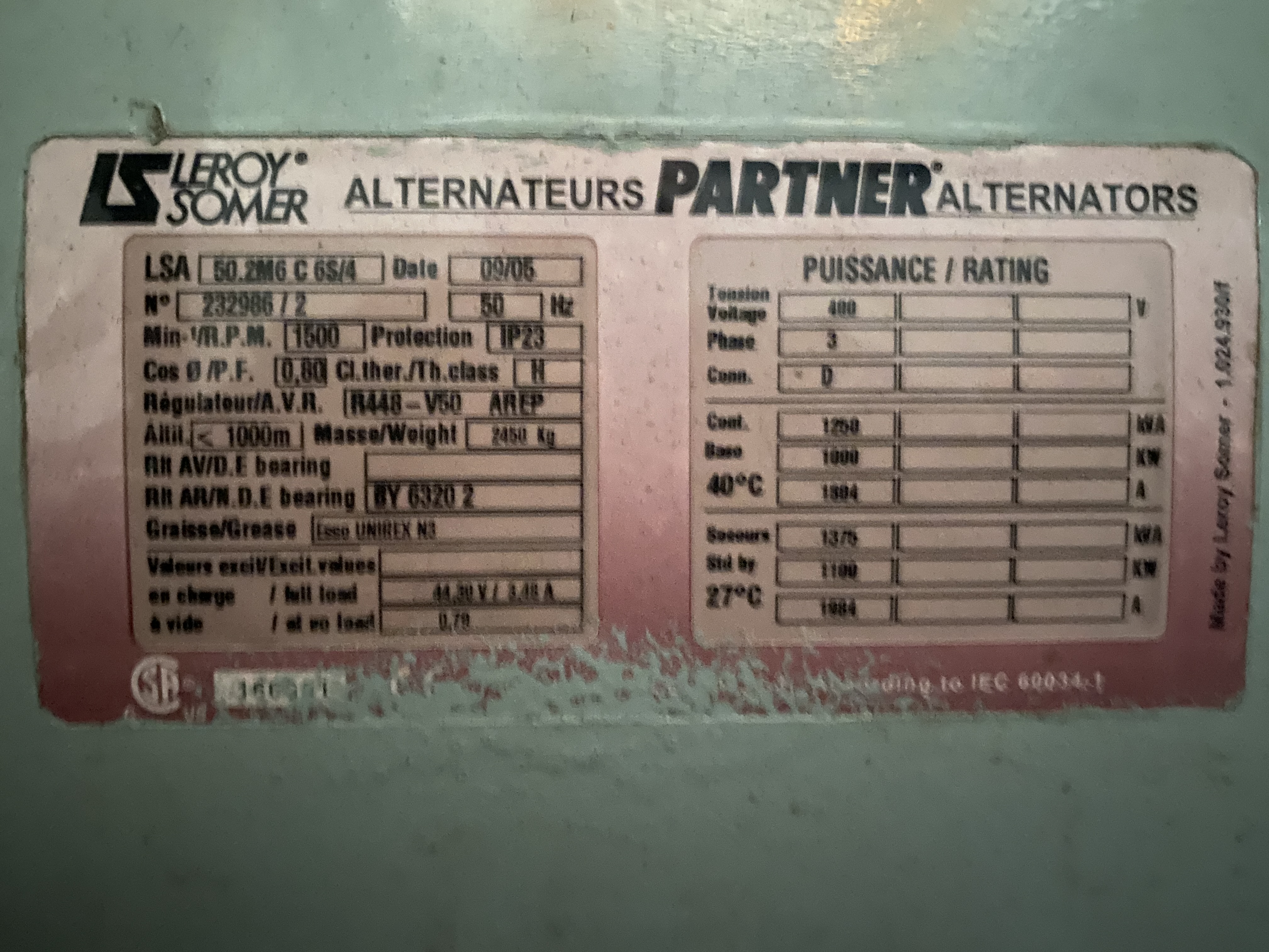 Used 2009 MITSUBISHI S12R / LEROY SOMER DIESEL GEN.SET 1250 KVA