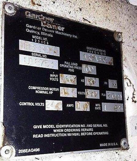 Used 1995 Gardner Denver 15 HP Air Compressor Model EBERDF with Compressed Air Dryer