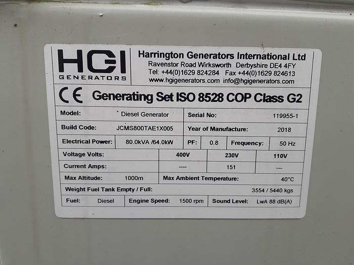 Used 2018 Harrington 80kVA
