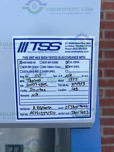 Used Thermo Scientific  1300 Series Type A2 Biological Safety Cabinet 6Ft, MFG 2019
