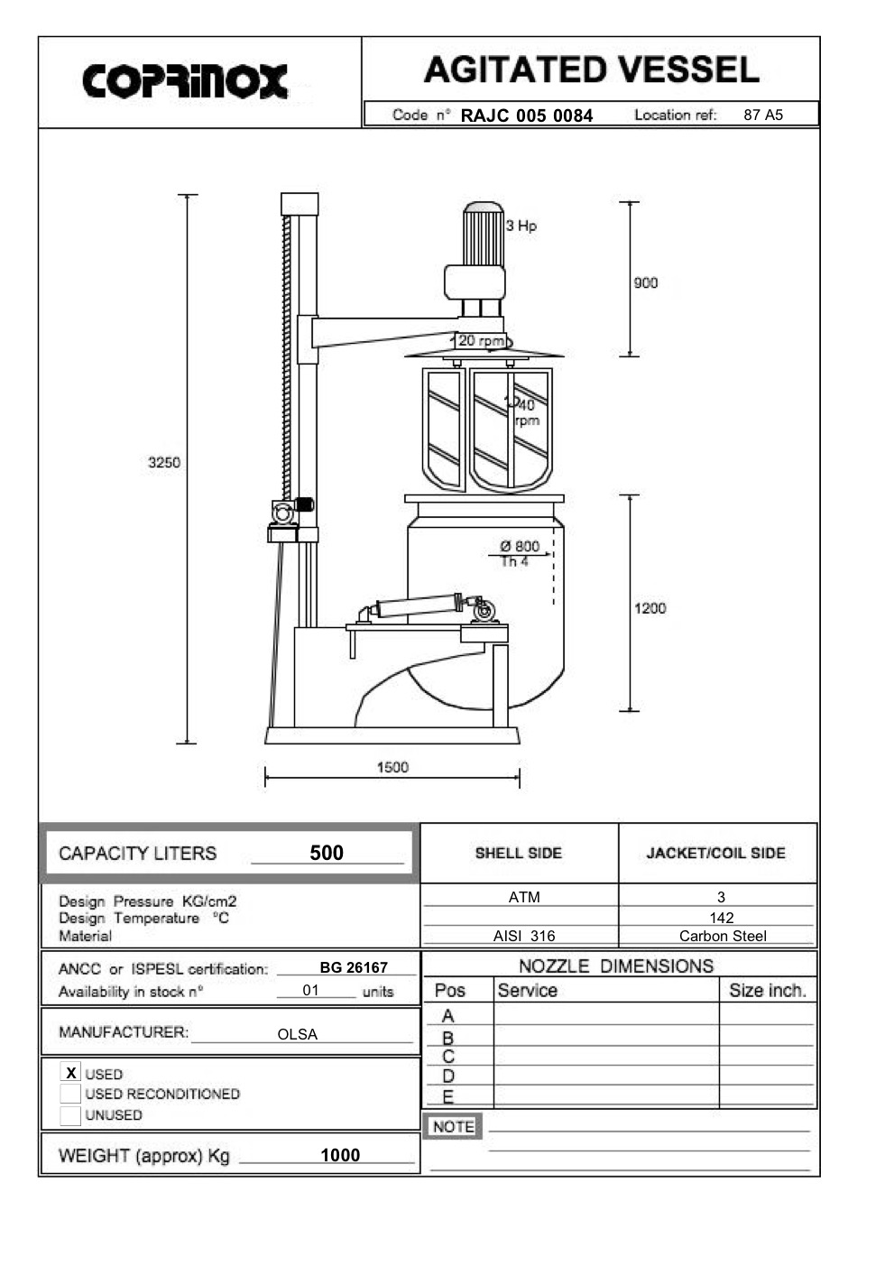 Usato Reattore Miscelatore OLSA da 500 Litri