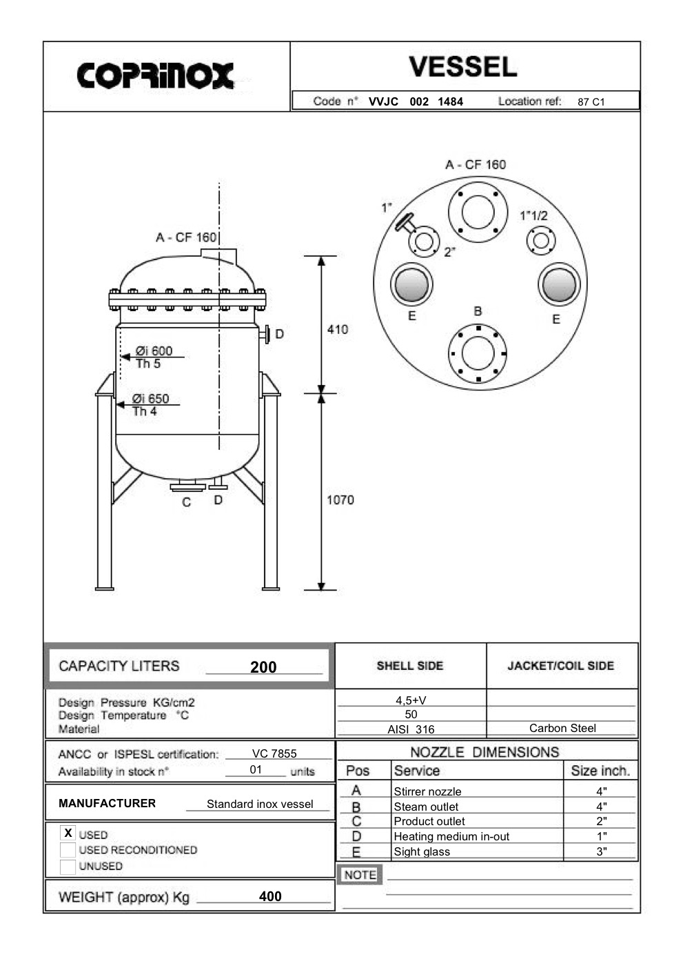 Used Standard stainless steel vessel of 200 liters