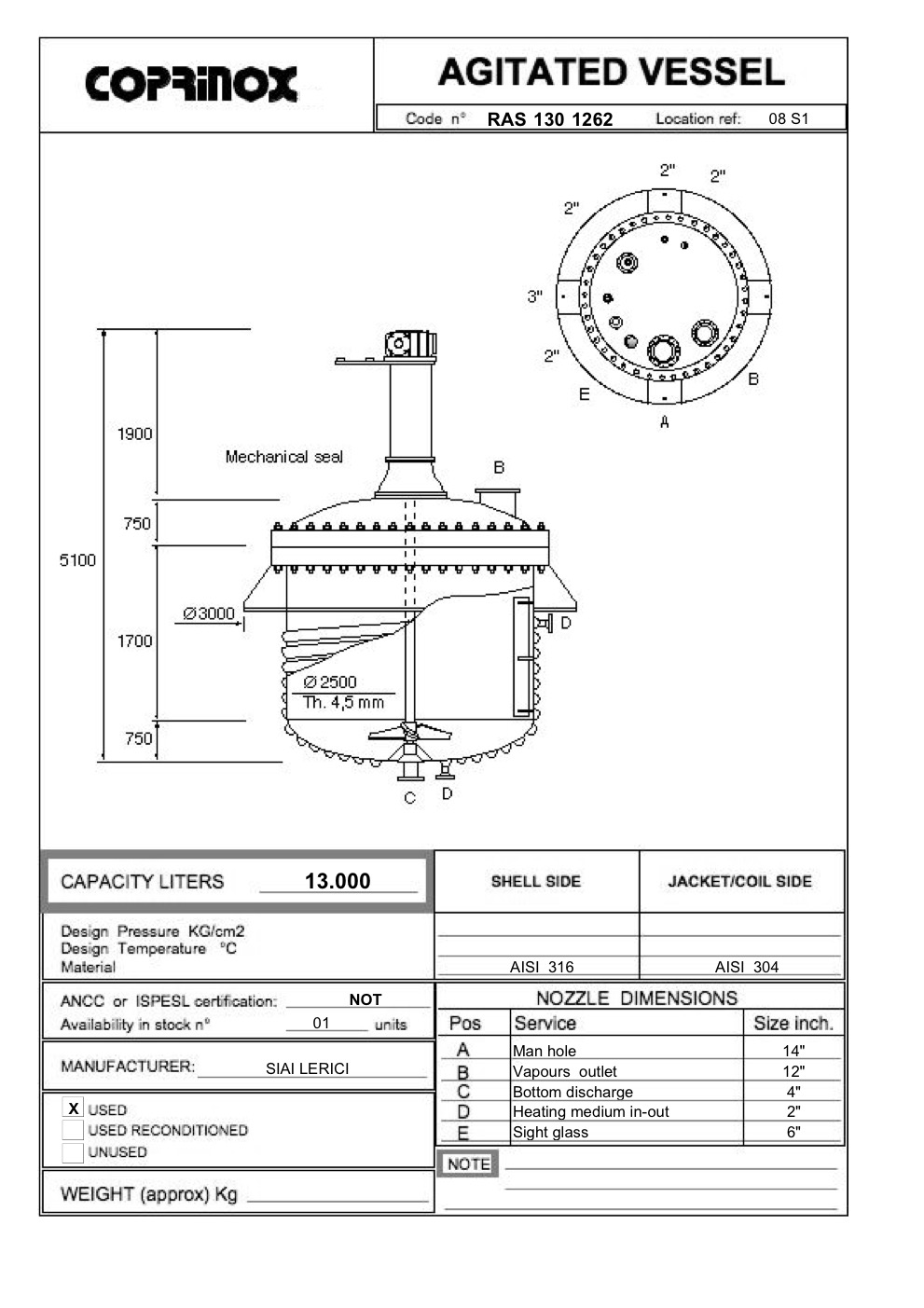Usato Reattore SIAI LERICI da 13000 Litri
