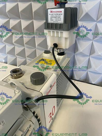 Used Edwards E2M30 Rotary Vacuum Pump 23 CFM w/ EMF20 Oil Mist Filer & 1.2 HP Motor