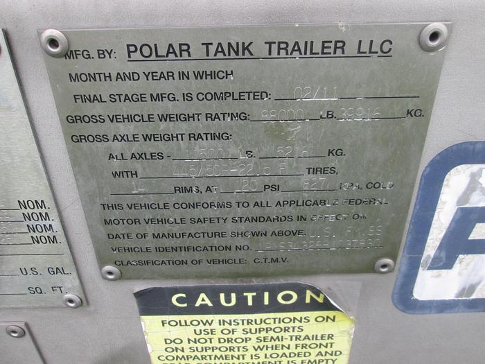 Used 2011 Polar 4,000 Gallon Tank Trailer