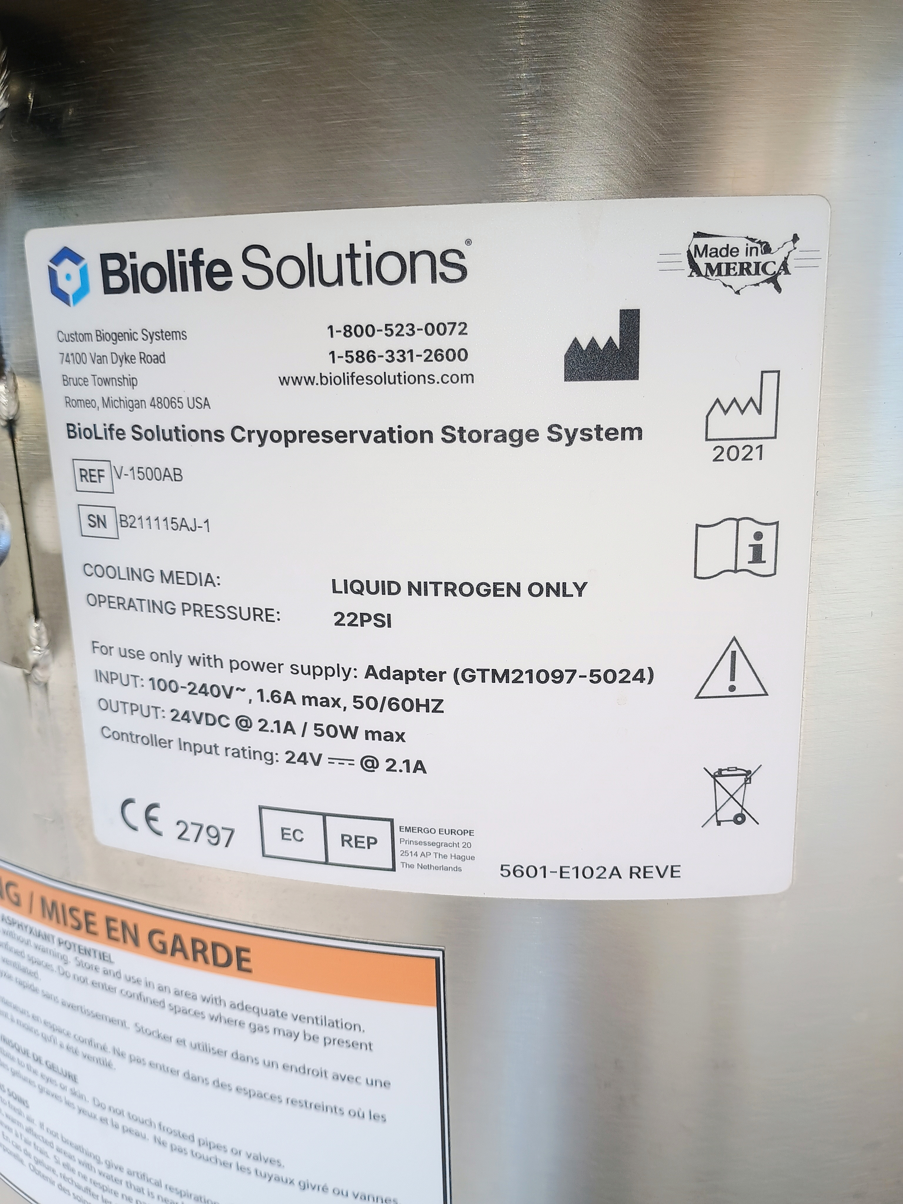 Refurbished Biolife Solutions Isothermal V-1500AB Series Cryogenic Nitrogen Storage System