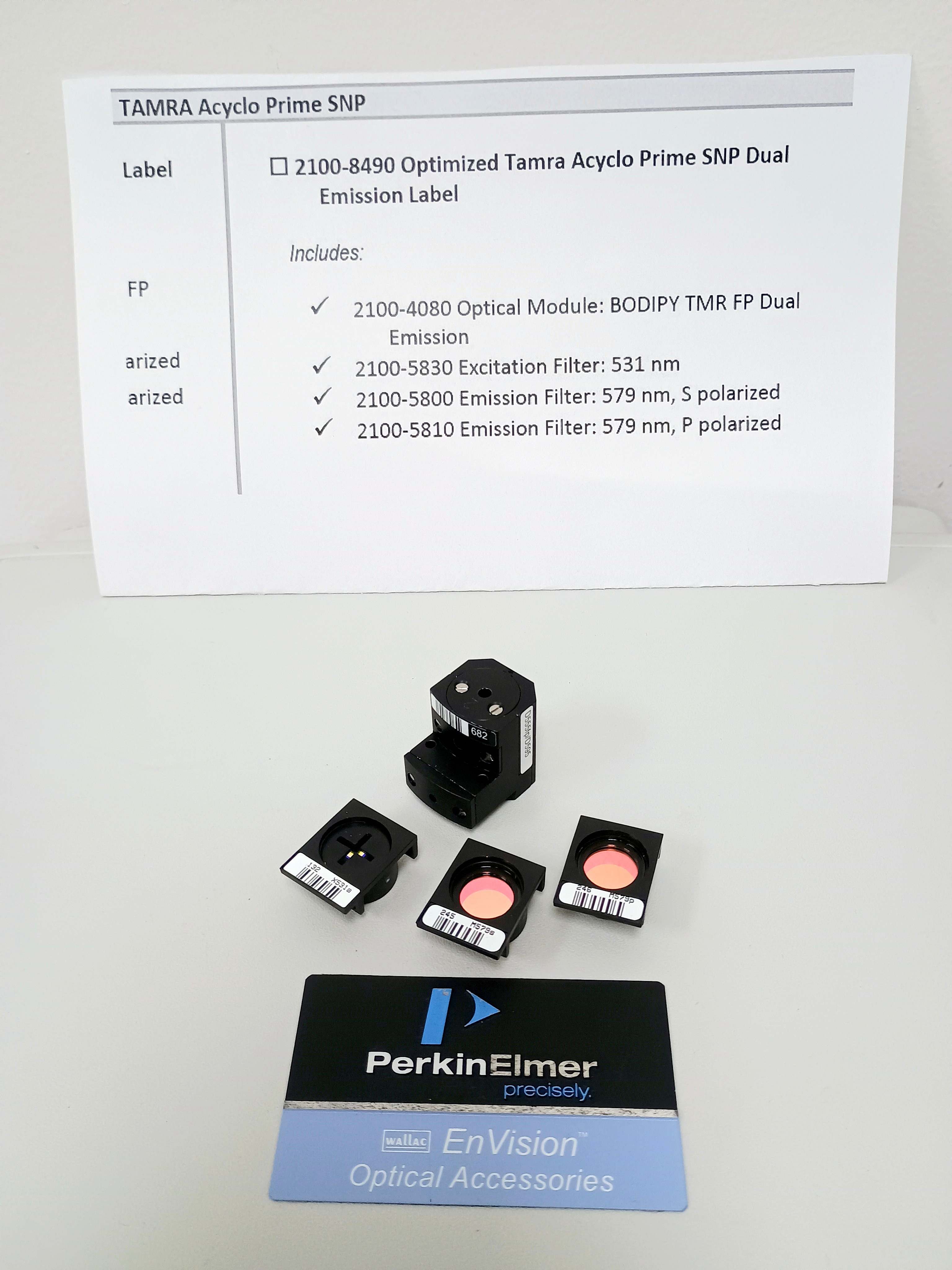 Used Perkin Elmer / Revvity EnVision TAMRA Acyclo Prime SNP FP Dual Filter Set #2100-8490