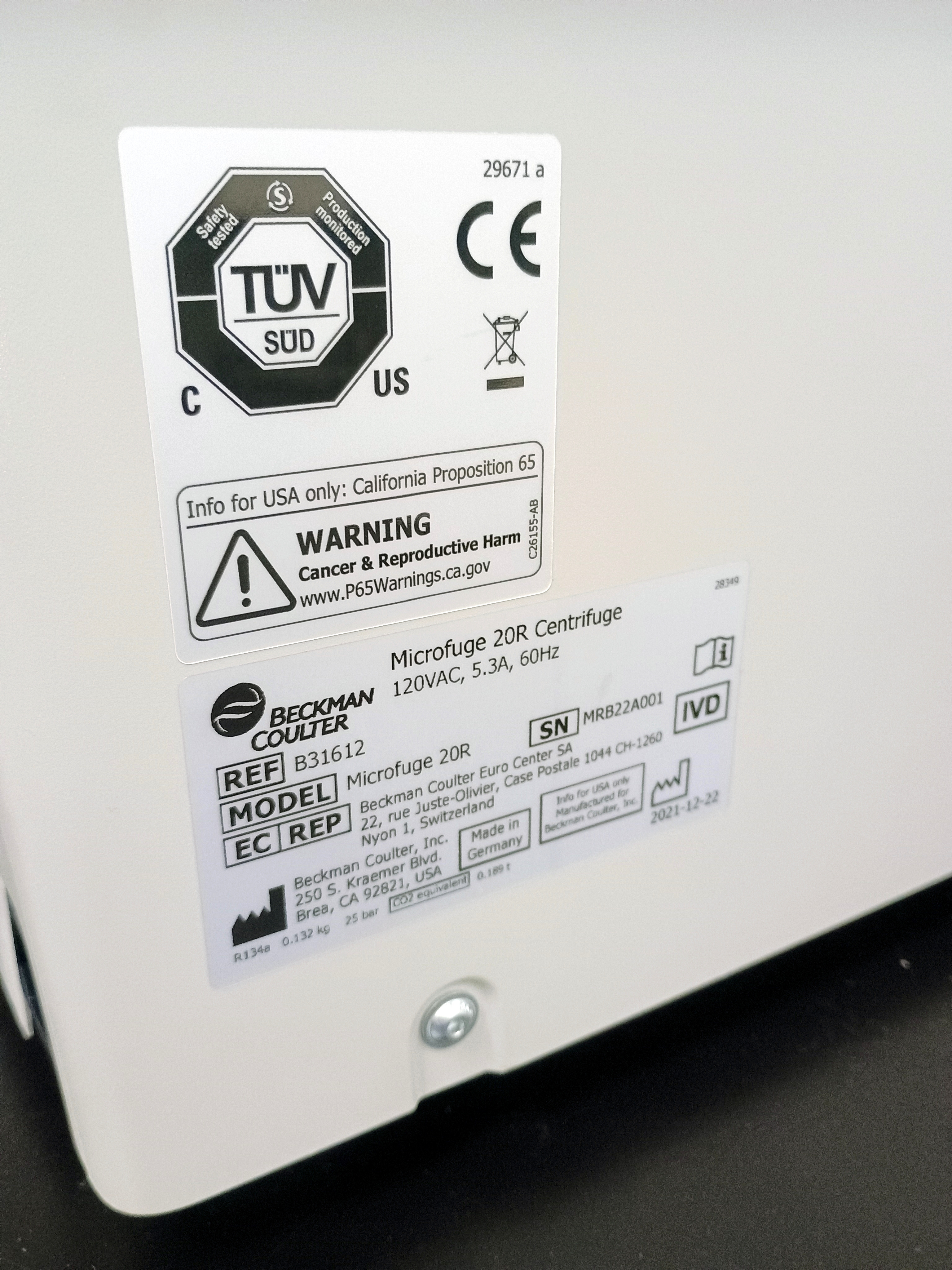 Refurbished Beckman Microfuge 20R Refrigerated Benchtop Microcentrifuge