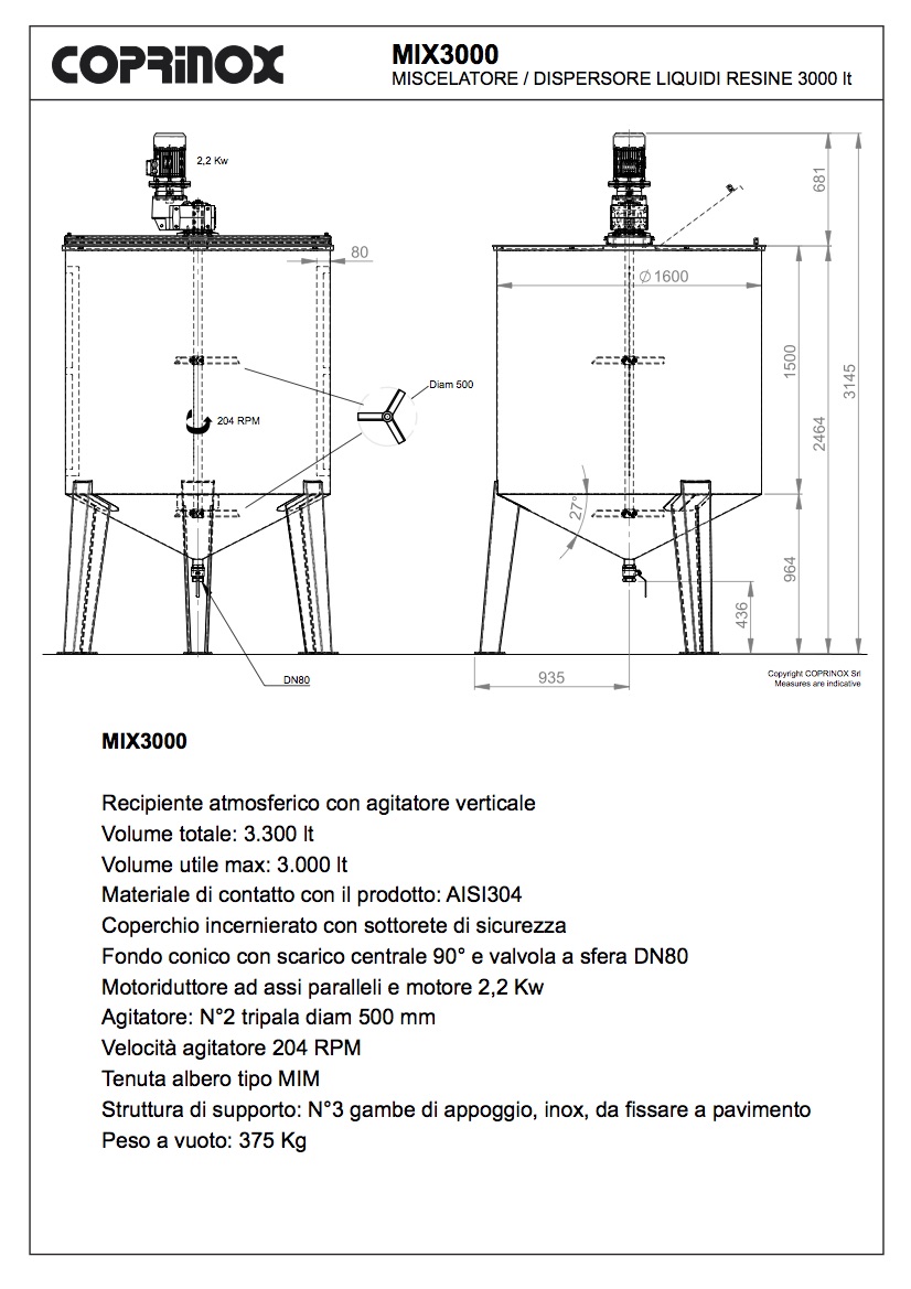 Miscelatore per liquidi, COPRINOX MIX3000, 3000 lt