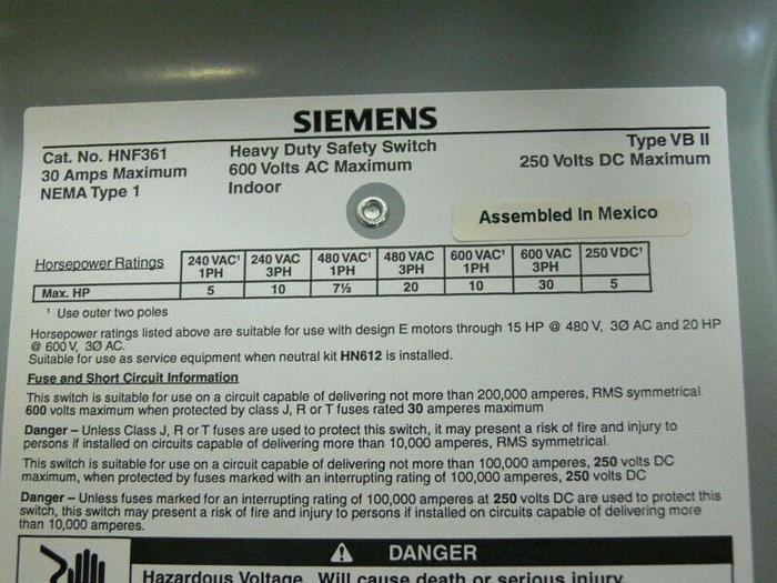 Used Siemens HNF361 600V Non-Fusible Heavy Duty Safety Switch