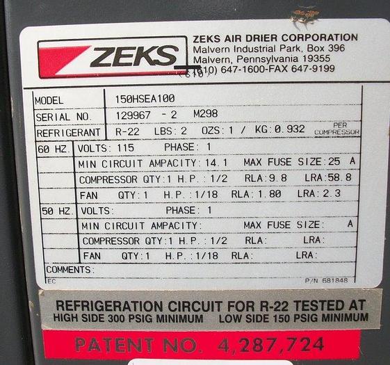 Used Compressor, Air Dryer, Zeks, HeatSink, Mdl 150HSEA100, R22, #S741183