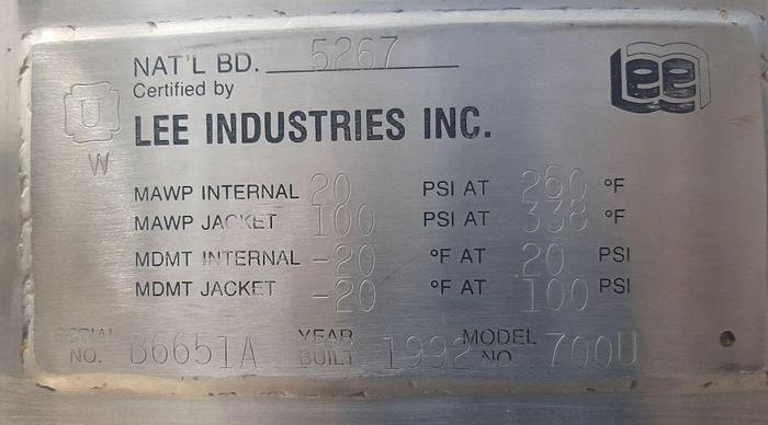 Used Tank, 700 Gallon, S/st, Jkt, 100 PSI, Lee Industries #S744714