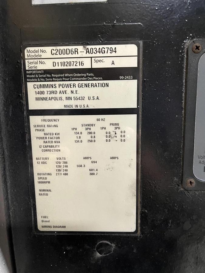 200kw Cummins C200D6R Spec. A Mobile Diesel Generator - D110207216 (New Engine!)