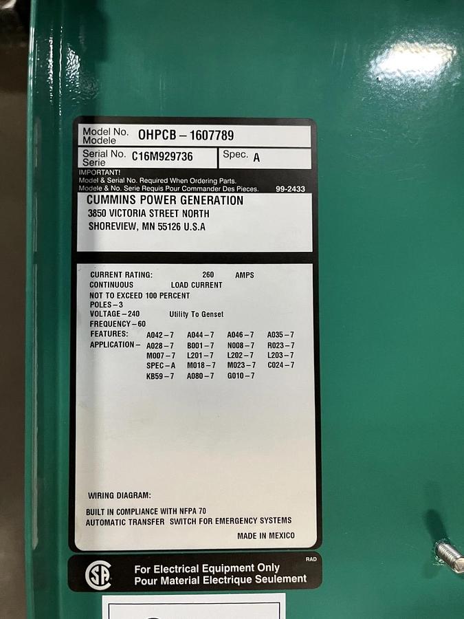 Used 260 Amp 240V 60Hz Cummins OHPCB Automatic Transfer Switch  S/N: C16M929736