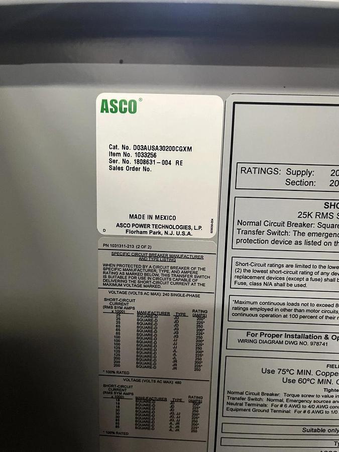 Used 200A 208V ASCO D03AUSA30200CGXM Automatic Transfer Switch - S/N: 1808631-004RE