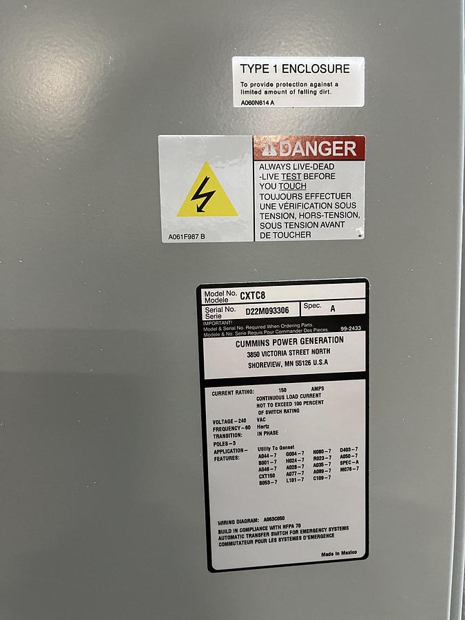 New 150 Amp 240VAC Cummins CXTC8 Spec. A Automatic Transfer Switch - S/N: D22M093306