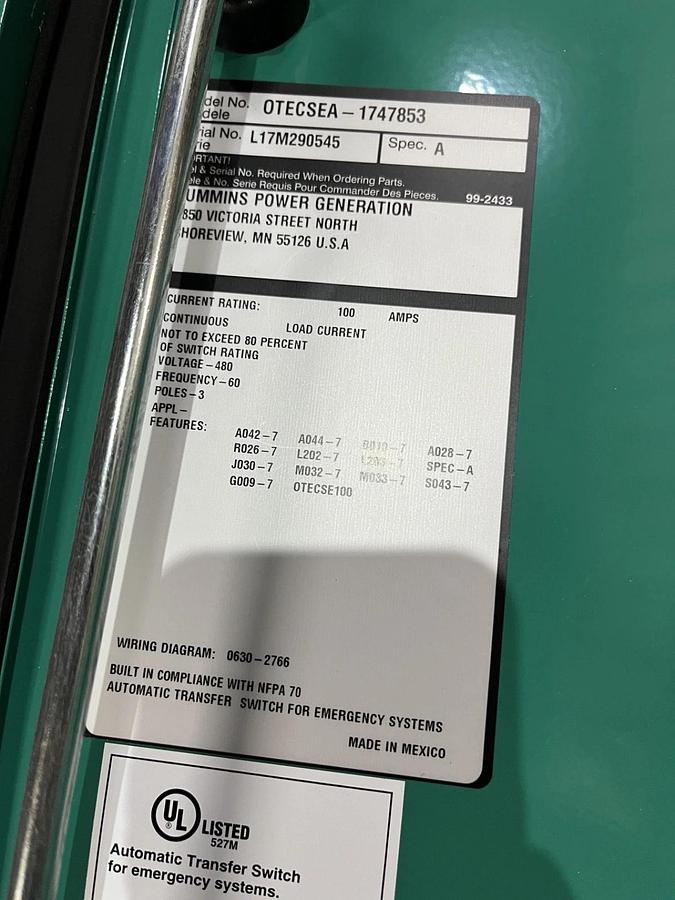 Used 100 Amp Cummins OTECSEA Spec. A Automatic Transfer Switch S/N: L17M290545