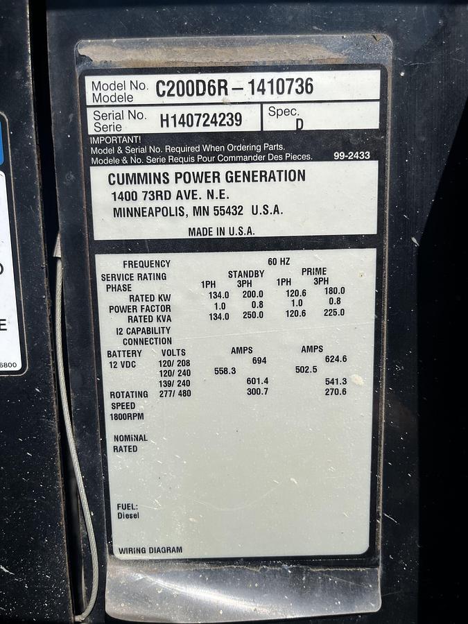 Used 200kw Cummins C200D6R Spec. D Mobile Diesel Generator - S/N: H140724239 (New Engine)