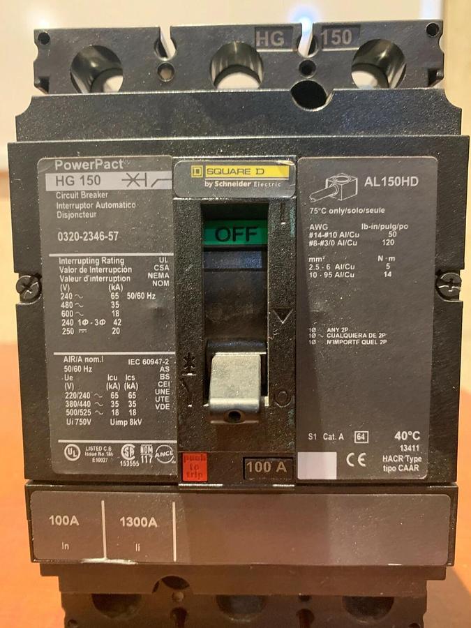 Used 100 Amp Square D HG150 Generator Circuit Breaker HGL36100 | P/N: 320-2346-57