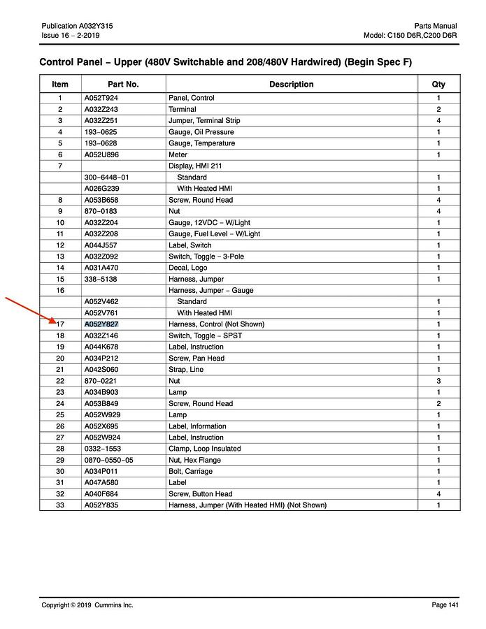 Used New Genuine OEM Cummins Control Wiring Harness C150D6R C200D6R | P/N: A052Y827
