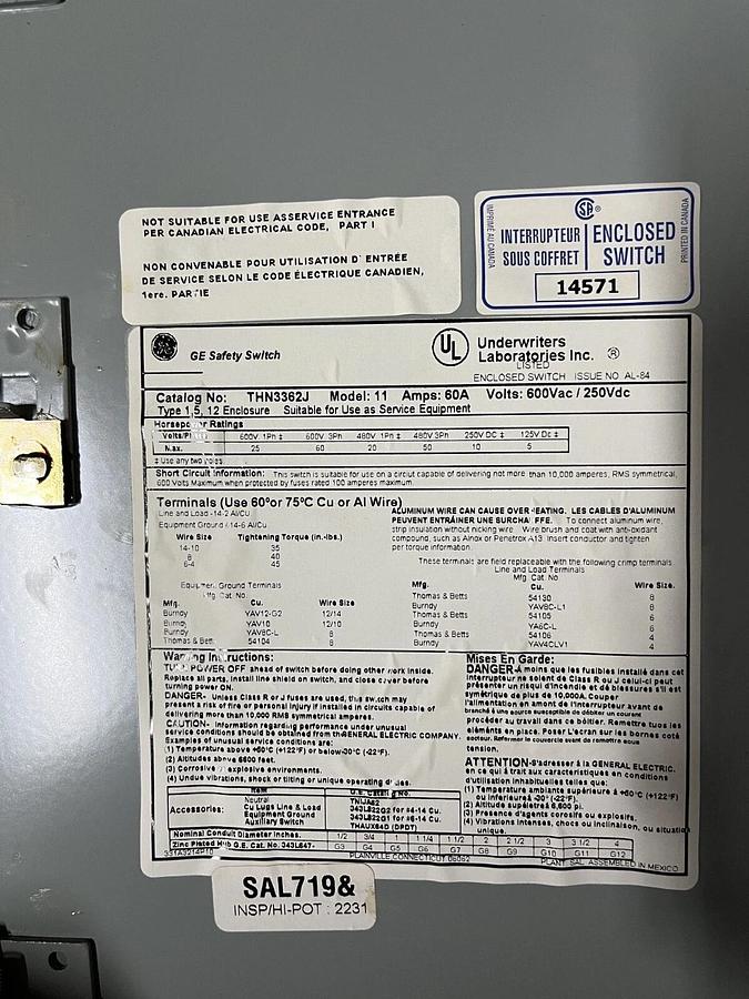 Used Used 60 Amp 600 VAC GE Disconnect Switch - THN3362J Model 11