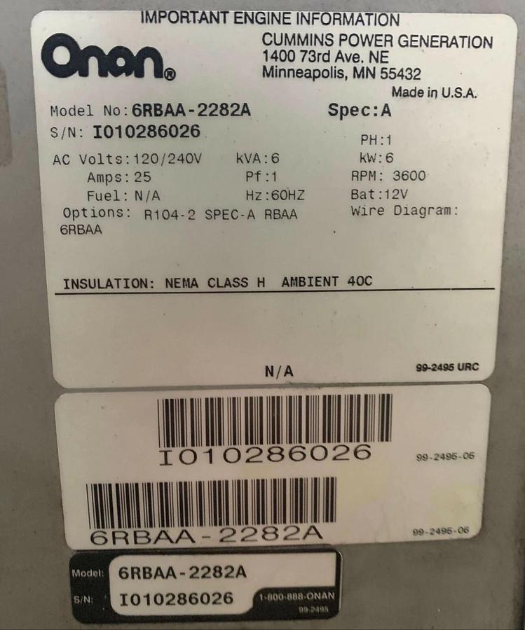 Used Used 6kW Cummins Onan Hydraulic Generator 120/240V 6RBAA-2282A | S/N: I010286026