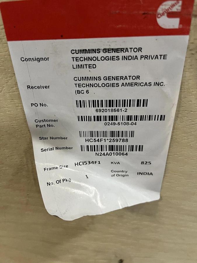 Used New 660kW (825 kVA) Stamford Alternator HCI534F1 C500D6RG | P/N: 0249-5108-04