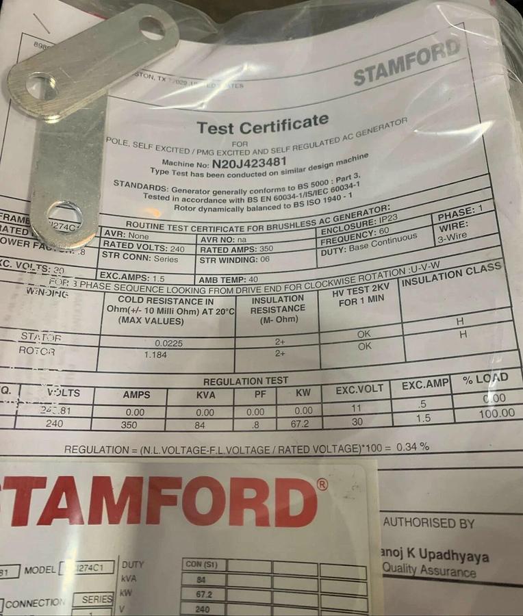 Used New 67.2kW Stamford UCI274C1 Alternator 240V 1PH | S/N: N20J423481