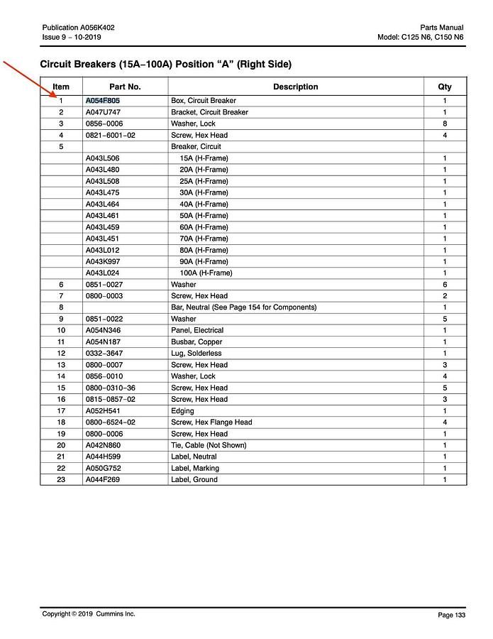 Used Cummins P/N: A054F805 Circuit Breaker Box | Made For: C125N6 C150N6 Generator