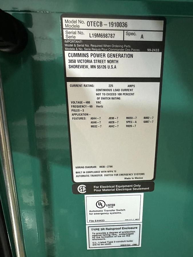 Used New 225 Amp Cummins OTECB-1910036 Automatic Transfer Switch - S/N: L19M698787