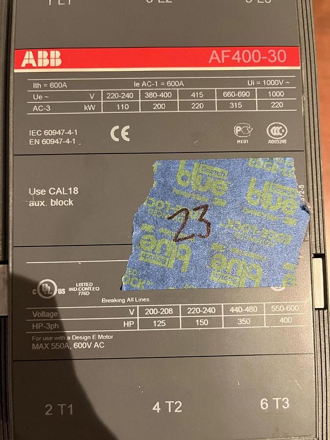 Used ABB AF400-30 Contactor - 550A 600 VAC - For Use with Design E Motor