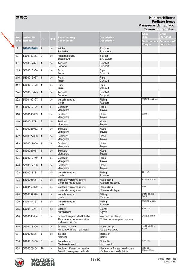 Used Wacker G50 Heat Exchanger Radiator-Fuel/Oil Cooler 250 PSI 4167015 | 5200015612