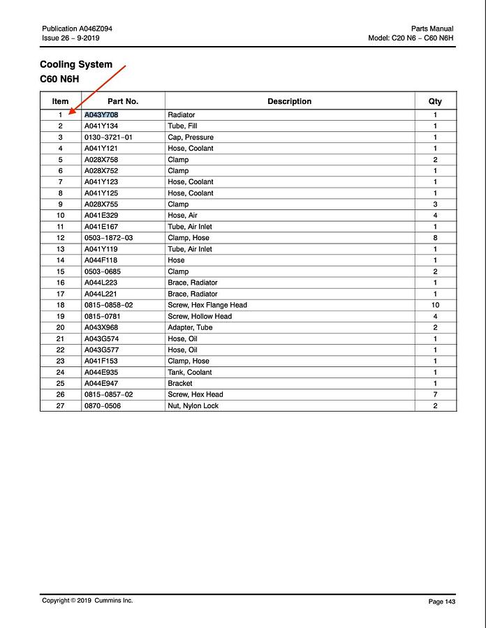 Used Cummins Onan A043Y708 Radiator For C60 N6H C60-N6H | Genuine OEM Part