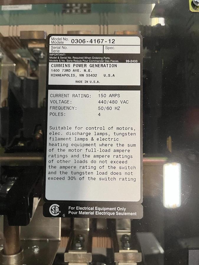150A 480V Cummins BTPCB Spec. A Automatic Transfer Switch - S/N: L050866501