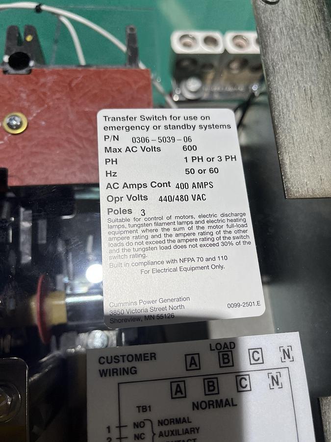 New 400 Amp 480 VAC Cummins OTPCC Spec. A Automatic Transfer Switch - S/N: C20M743814