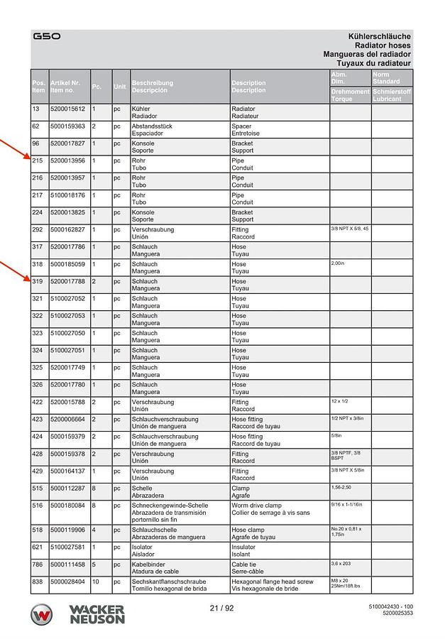 Used Used Pipe and Hose For Wacker G50 Tier 4 Final | P/N: 5200013956 5200017788