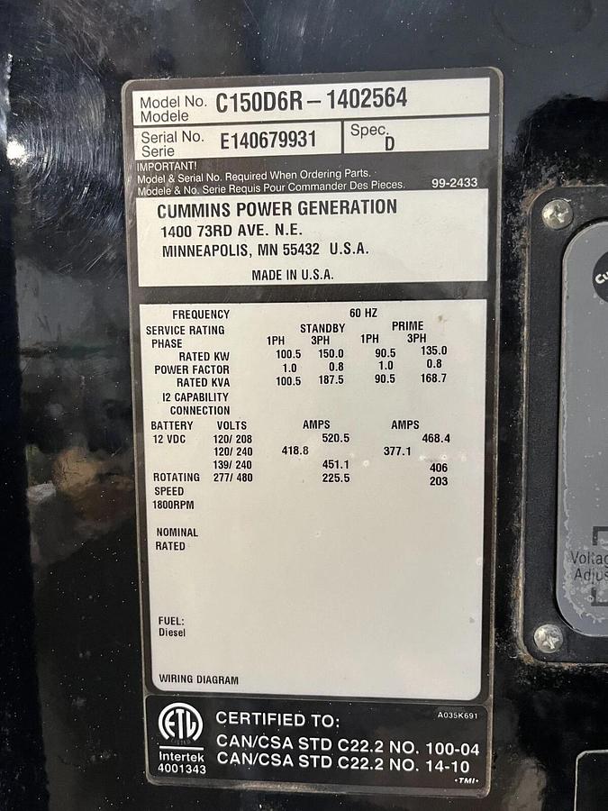 Used 150kw Cummins C150D6R Mobile Diesel Generator - S/N: E140679931